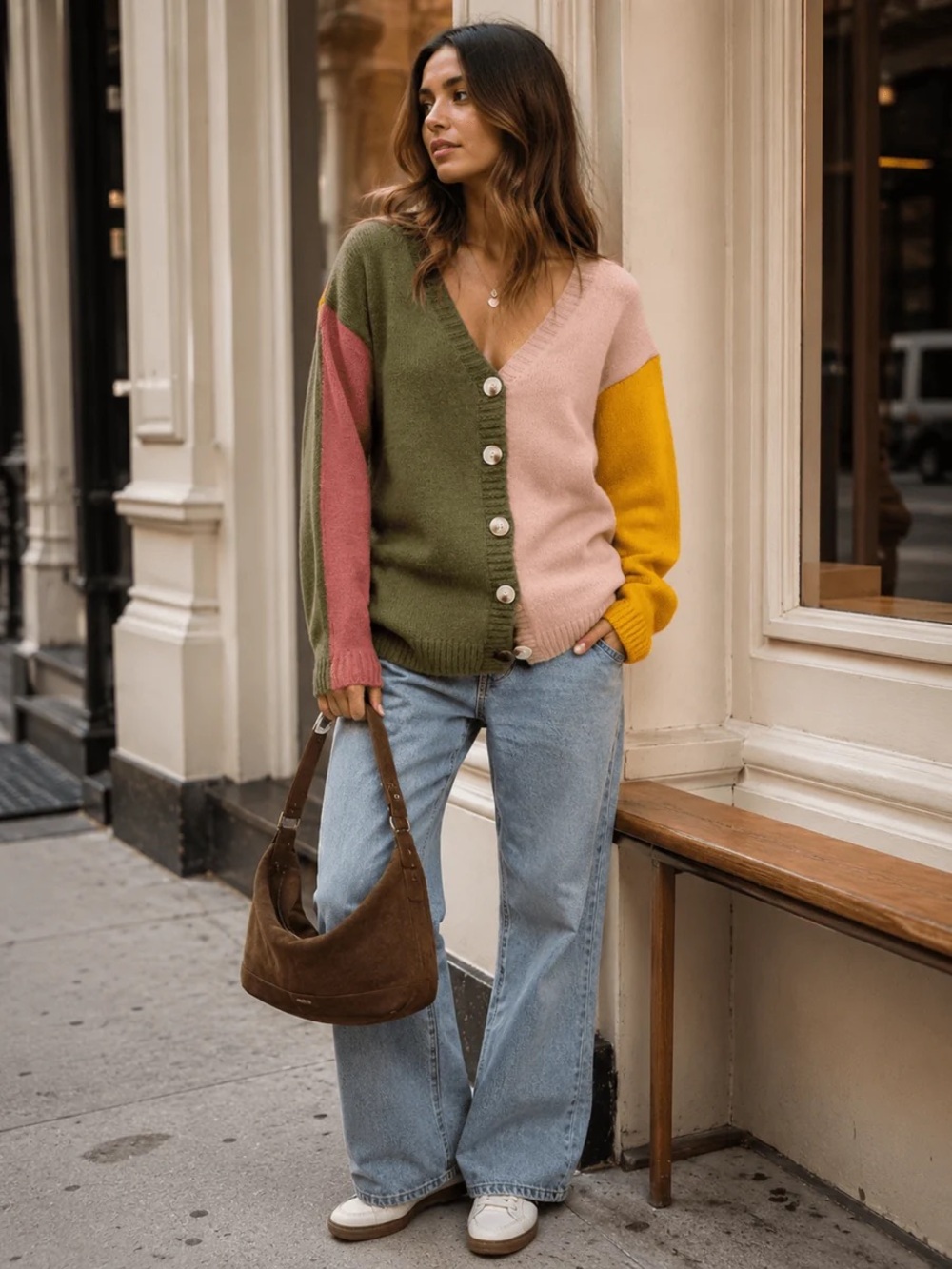 Colorblock V-Neck Button Cardigan Sweater - Olive/Pink/Mustard